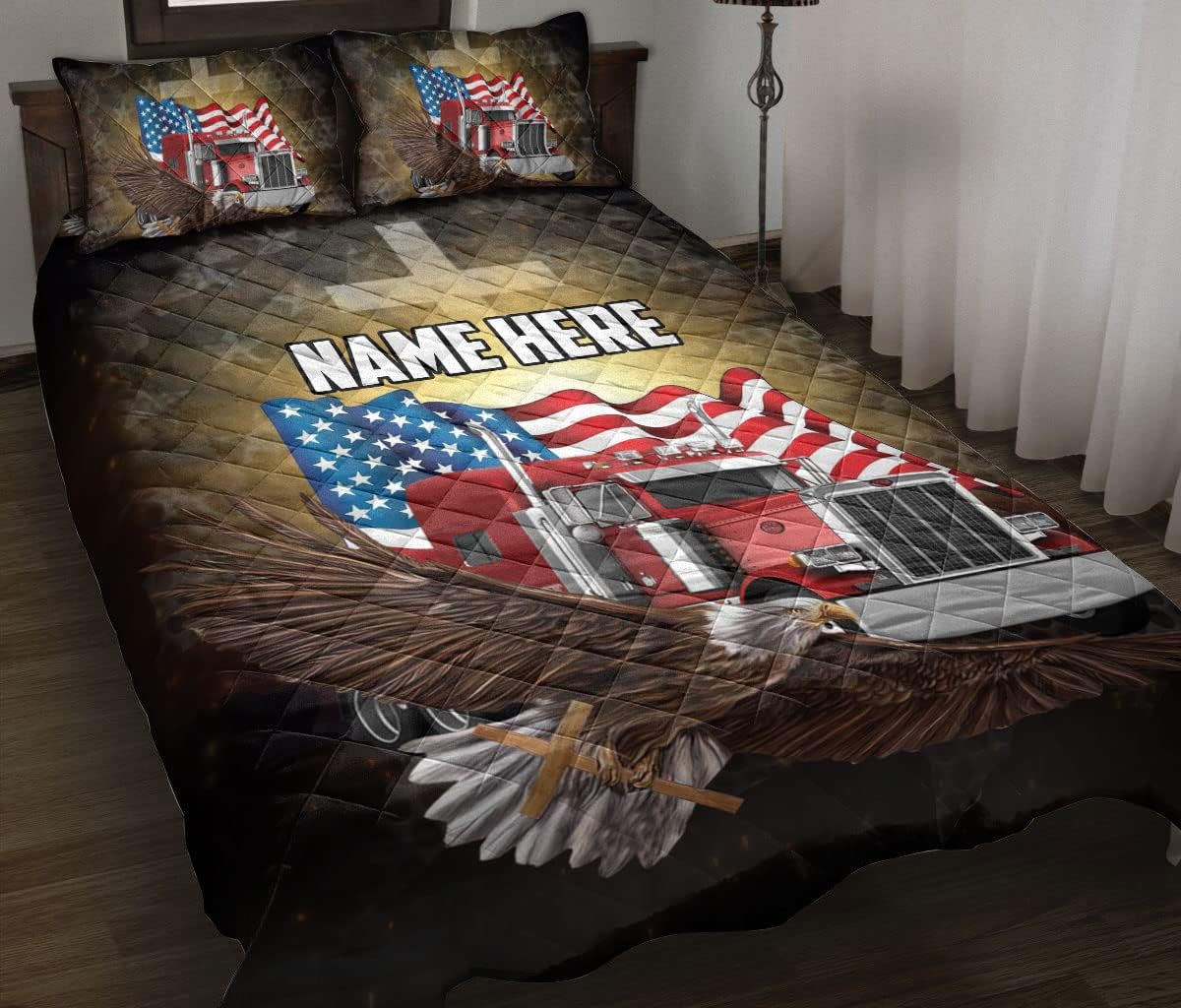 Juego de ropa de cama y fundas de almohada con diseño de bandera estadounidense con diseño de bandera estadounidense, diseño de camionero, juego de