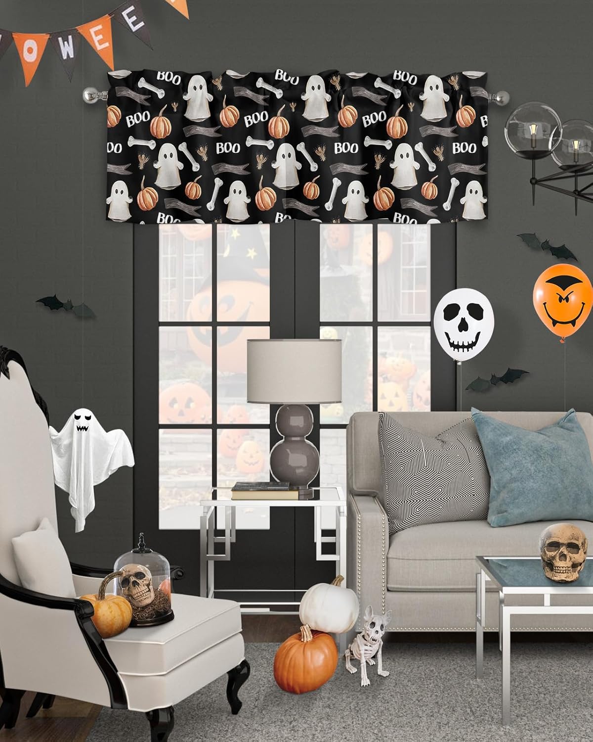 Cortinas de cocina para ventanas, cenefas de Halloween con rama de hueso fantasma, calabaza, color negro, cenefa de cortina con bolsillo para barra,