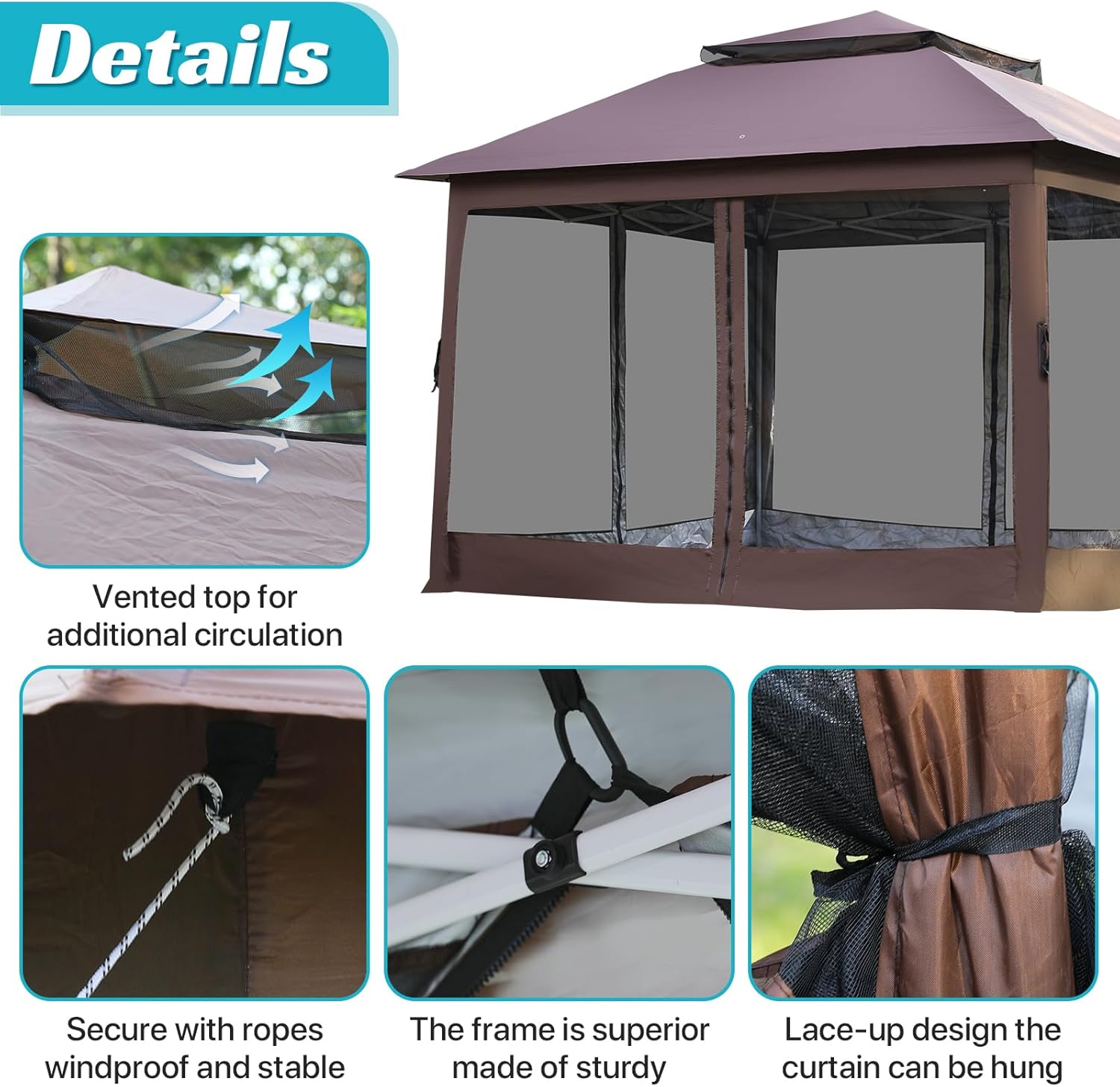 Carpa desplegable de 10 x 10 pies para exteriores, carpa de fiesta resistente con mosquitera para patio, jardín, patio y césped, color marrón