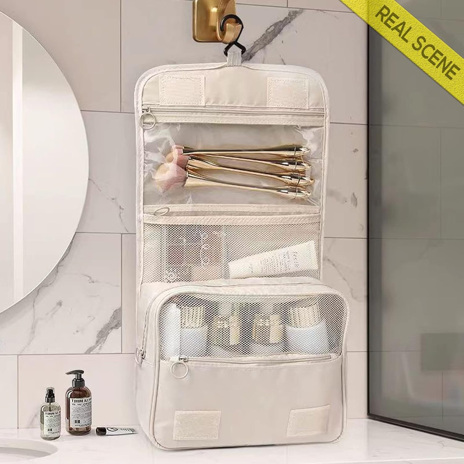 Neceser de viaje colgante con compartimento para artículos de tocador, organizador de maquillaje cosmético para mujeres y niñas, impermeable,