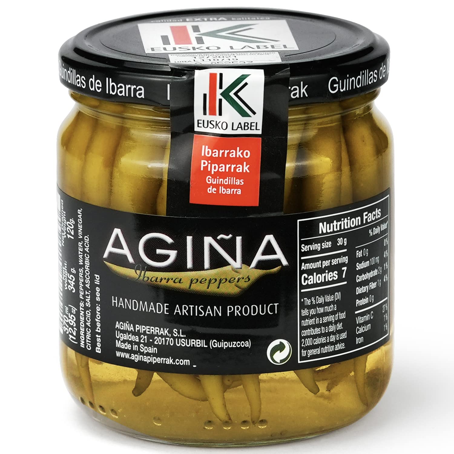 Piparras Guindillas – Pimienta verde vasca en salmuera, 13 onzas  12.5fl oz, producto artesanal de pimientos encurtidos