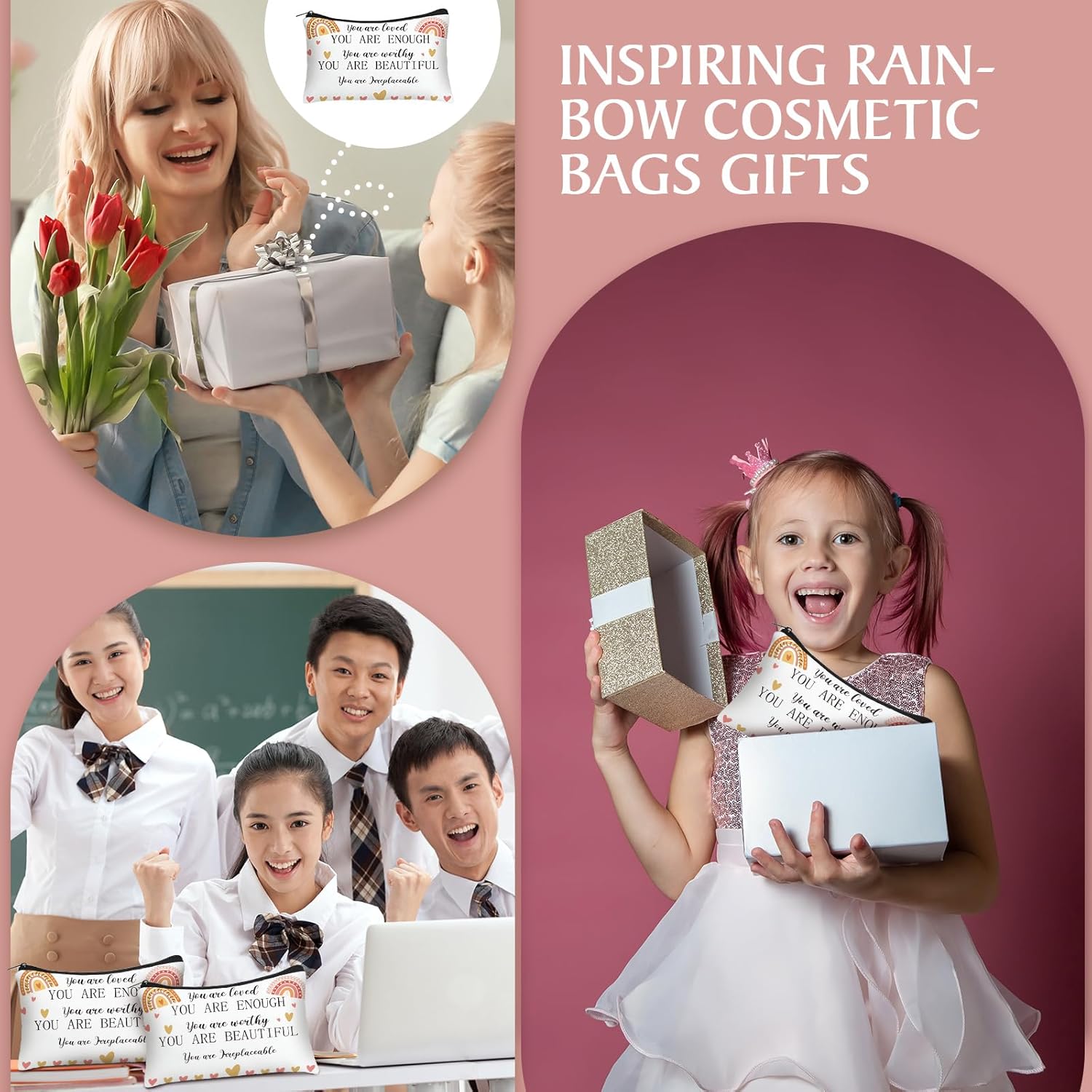 10 bolsas de cosméticos arcoíris con citas inspiradoras, bolsas de maquillaje You Are Enough Worthy Loved Gift Bag Positive Makeup Bag para bolso,
