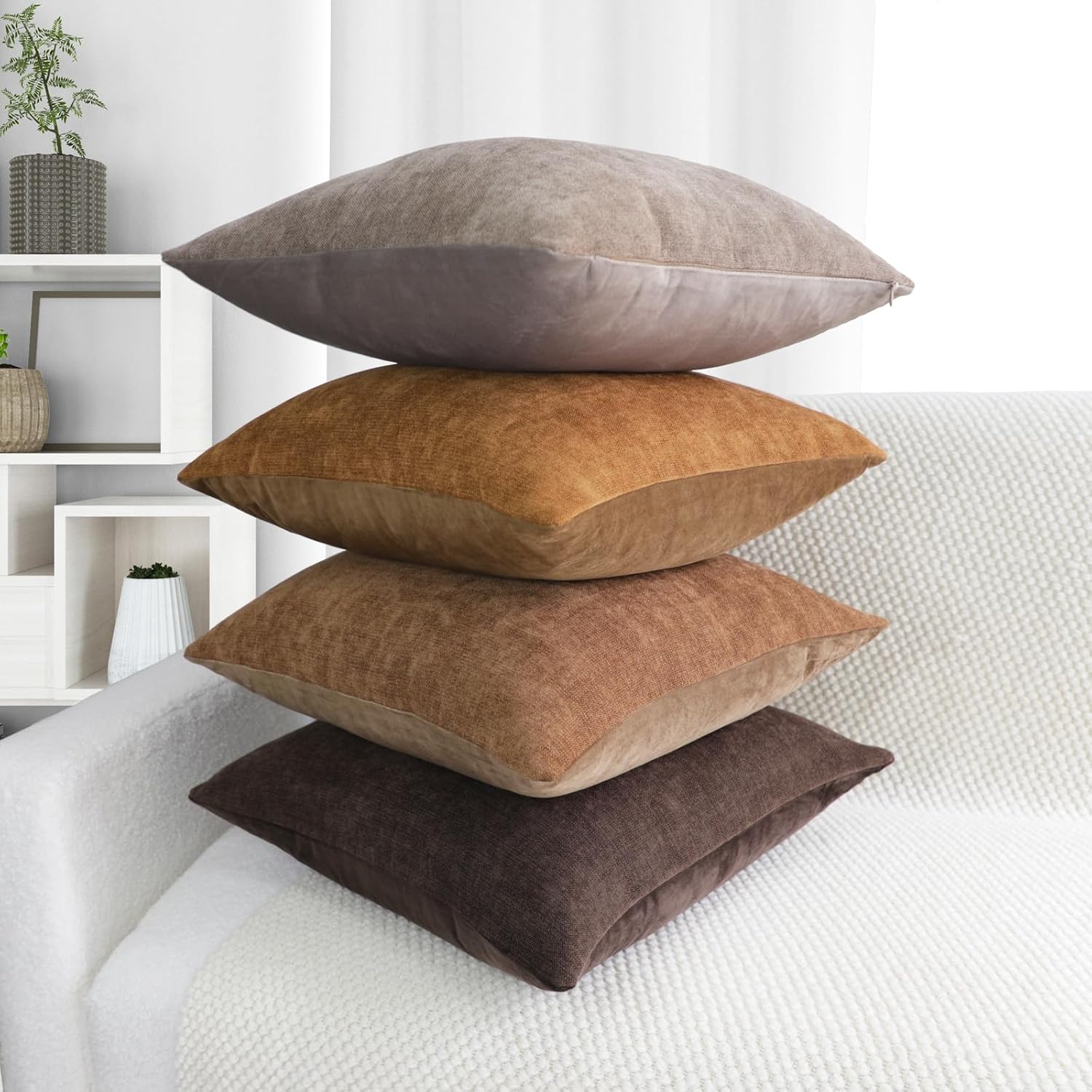 Juego de 4 fundas de almohada decorativas de terciopelo y felpilla con diseño de doble cara para sala de estar, sofá y dormitorio, decoración
