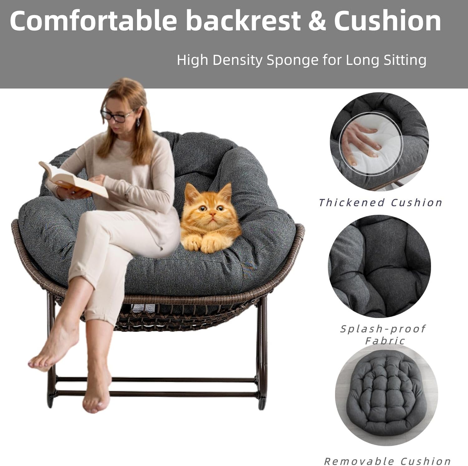 Luccalily Silla mecedora para porche delantero para interiores y exteriores, silla reclinable acolchada de ratán, para patio, jardín, sala de estar