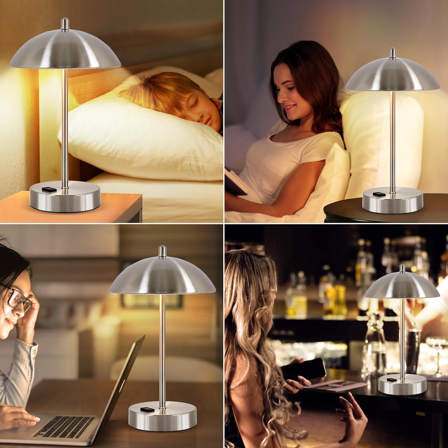 Moderna lámpara de escritorio con adaptador de CA, lámpara de lectura táctil regulable de 3 vías, lámpara de mesa pequeña plateada minimalista con