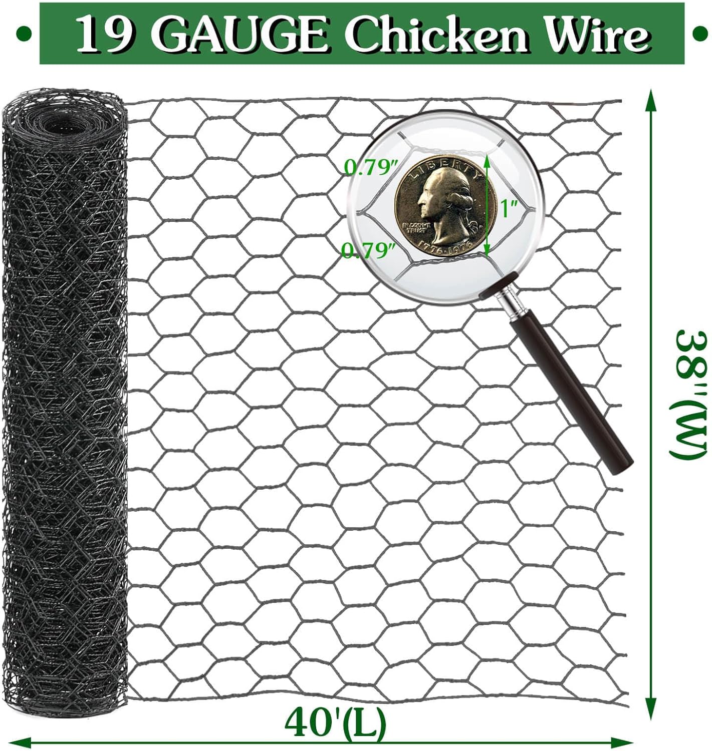 XR MARKET Cercas de alambre de pollo de 38 pulgadas x 40 pies, alambre de pollo galvanizado con doble revestimiento de PVC, malla de alambre de
