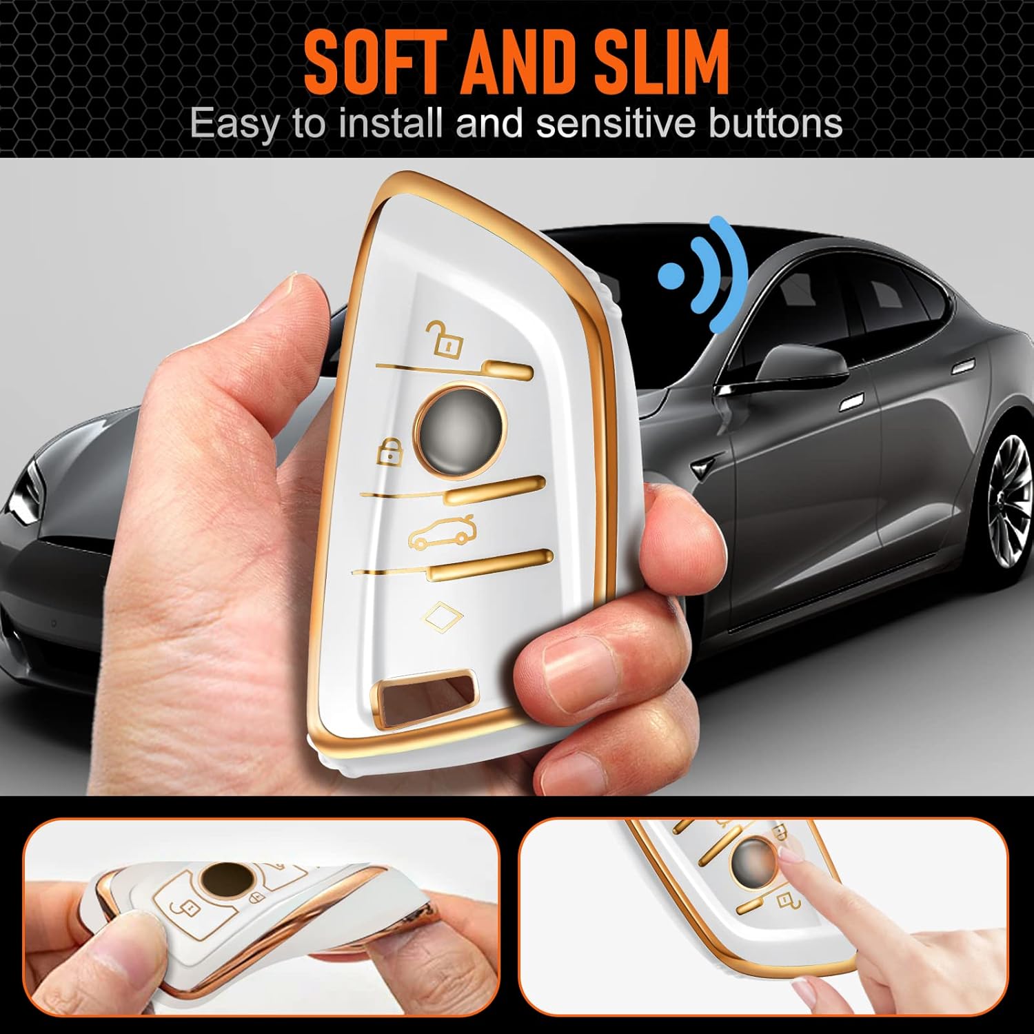 Funda para llavero BMW, accesorios para BMW 1 2 3 4 5 6 7 Series X1 X2 X3 X4 X5 X6 M5 M6 GT3 GT5 4 botones, funda de TPU+anillo en D + gancho