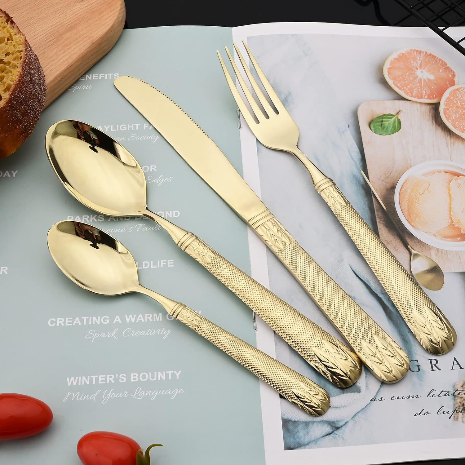 JASHII Champagne Gold – Juego de cubiertos de acero inoxidable 304 para 4, con orejas de trigo vintage en relieve, mango plano pulido espejo, apto