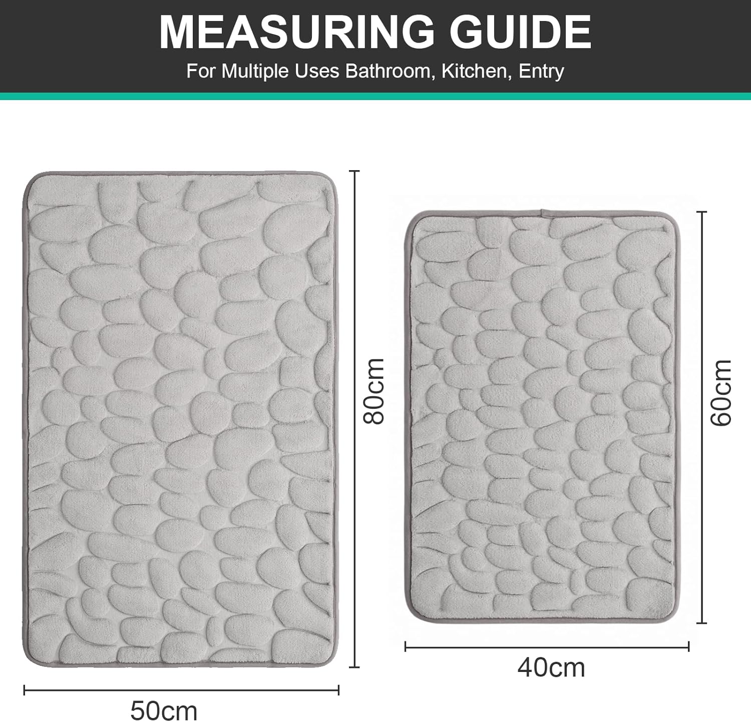 Juego de 2 tapetes de baño de espuma viscoelástica de adoquines suaves y absorbentes, tapetes rectangulares para el inodoro y la ducha (gris claro)