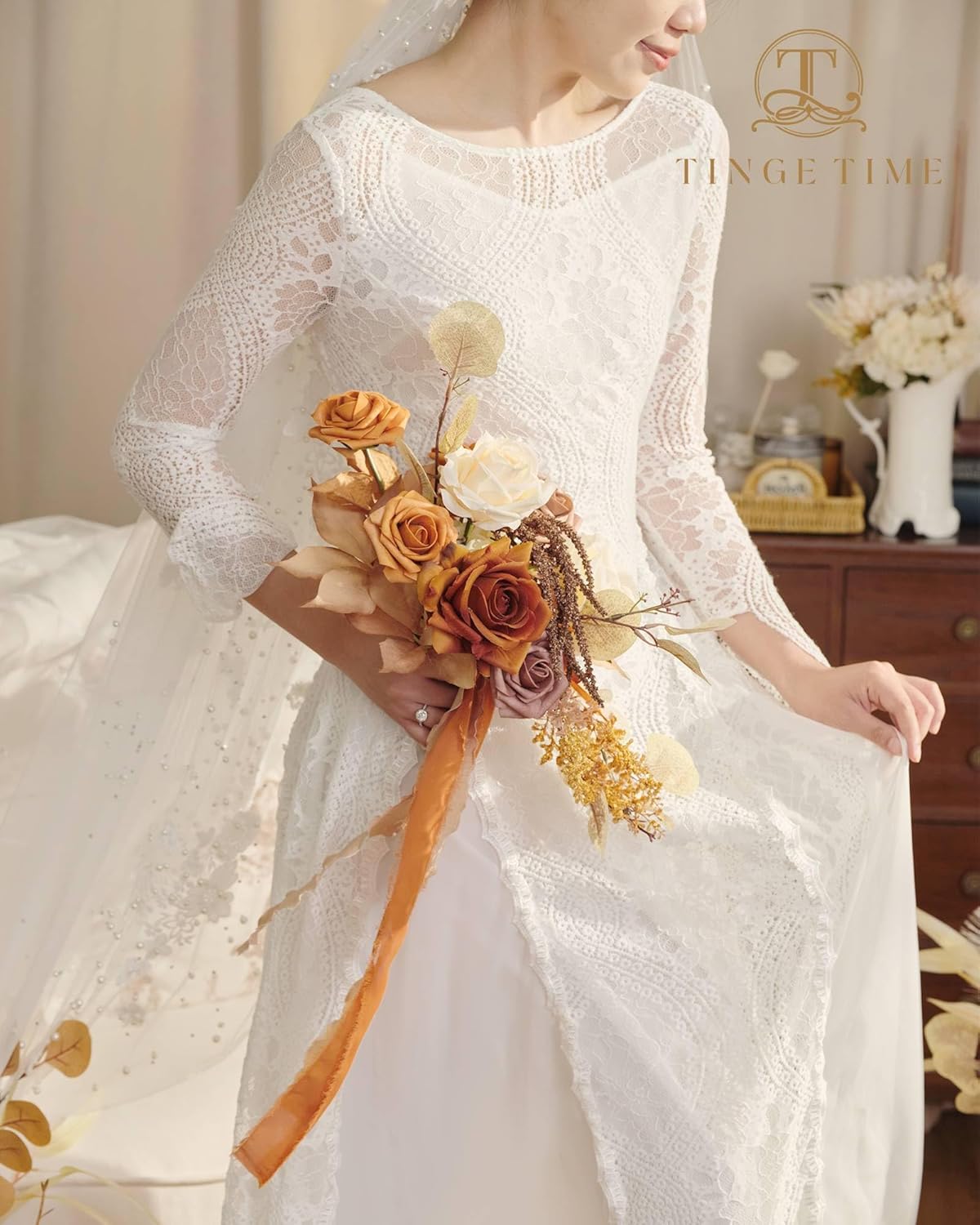 TINGE TIME Ramo de novia artificial de 11 pulgadas, ramos de flores para otoño, boda, novia, dama de honor, para boda, aniversario, despedida de
