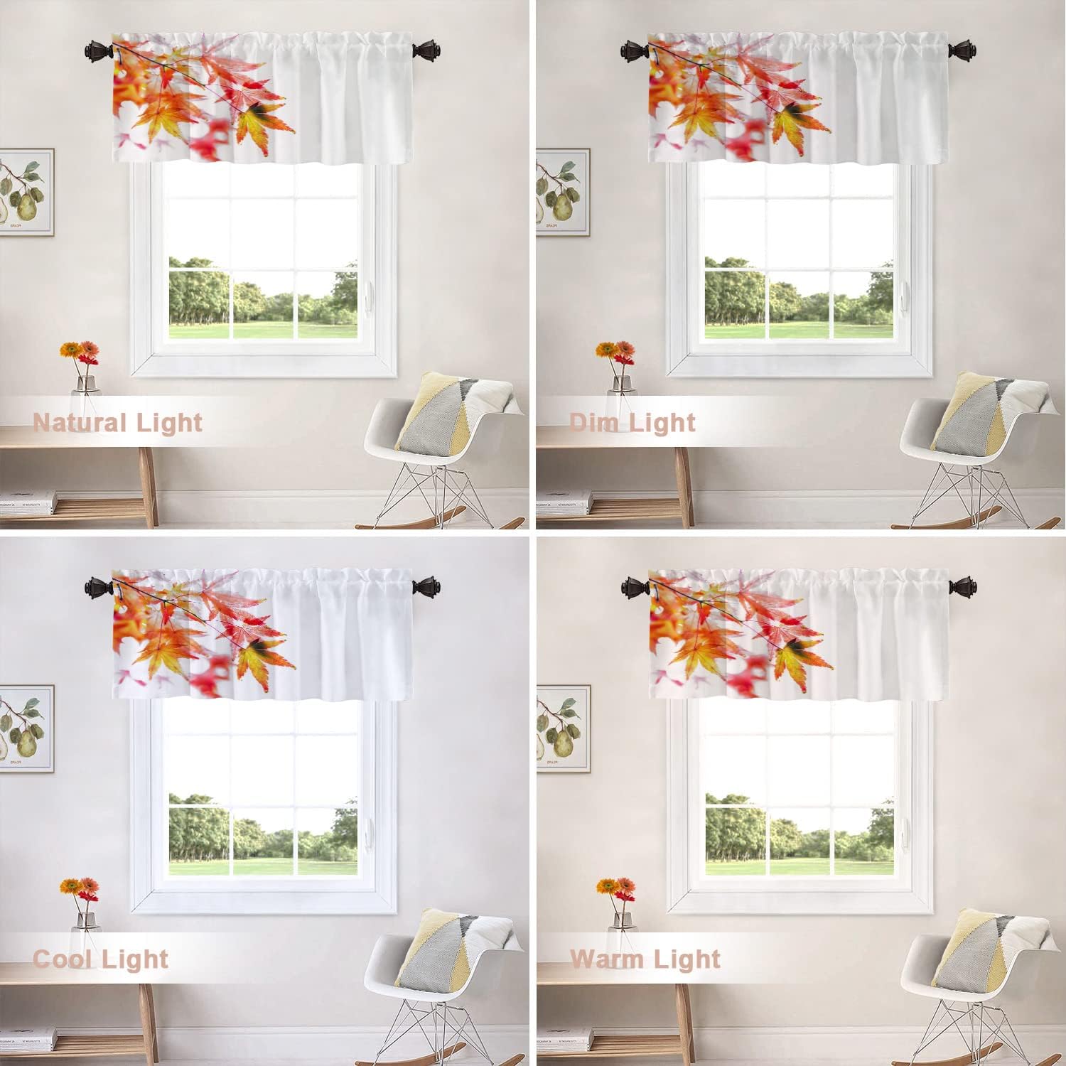 Shrahala Cenefas de cocina de arce rojo natural, hojas blancas, cortinas de media ventana, tratamiento de ventana de poliéster multicapa para sala
