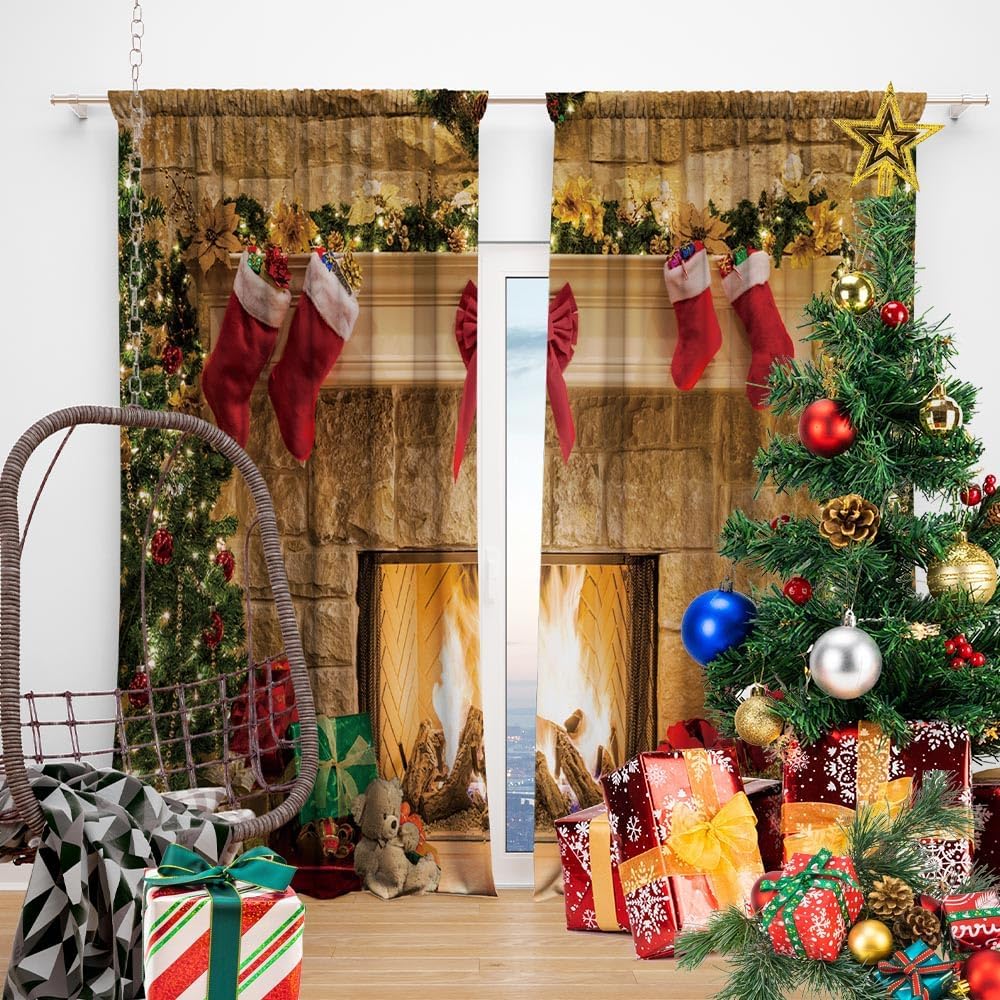 TOKTILIKT Calcetines de cortina de Navidad de 82 x 84 pulgadas, diseño de chimenea, arco de regalo, decoración de dormitorio, sala de estar,