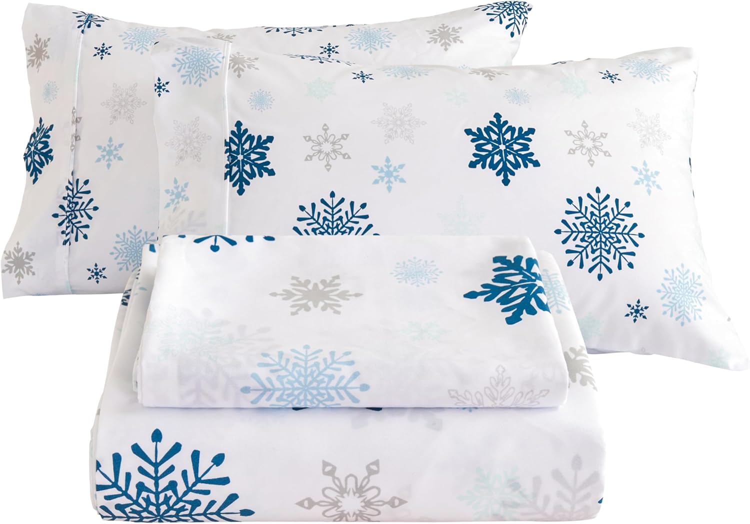 Mooreeke Sábanas matrimoniales navideñas con estampado de copos de nieve, juego de sábanas de tamaño matrimonial con bolsillo profundo, sábana