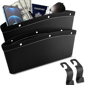 Paquete de 2 organizadores de espacio para asiento de automóvil, caja de almacenamiento de piel sintética para llaves, monedas, teléfono, diseño Paquete de 2 organizadores de espacio para asiento de automóvil, caja de almacenamiento de piel sintética para llaves, monedas, teléfono, diseño