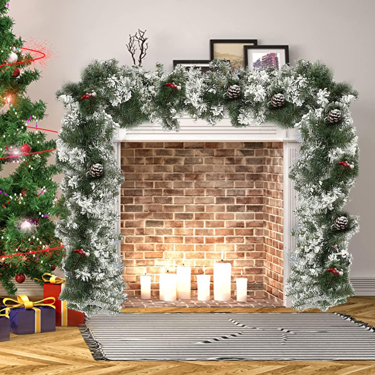 Eummy Guirnalda de Navidad de 8.9 pies, guirnalda de nieve artificial esmerilada, corona de caristmas, decoración de Navidad para interiores y