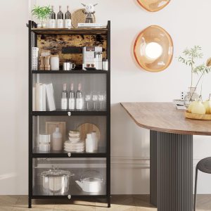 REENLIV Estante para panaderos de 5 niveles con toma de corriente, soporte para microondas, soporte para pan, soporte para café, estante de REENLIV Estante para panaderos de 5 niveles con toma de corriente, soporte para microondas, soporte para pan, soporte para café, estante de