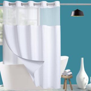 Conbo Mio Juego de cortina de ducha de tela blanca de grado hotelero con forro a presión para baño con imanes y ventana superior de malla, lavable a Conbo Mio Juego de cortina de ducha de tela blanca de grado hotelero con forro a presión para baño con imanes y ventana superior de malla, lavable a