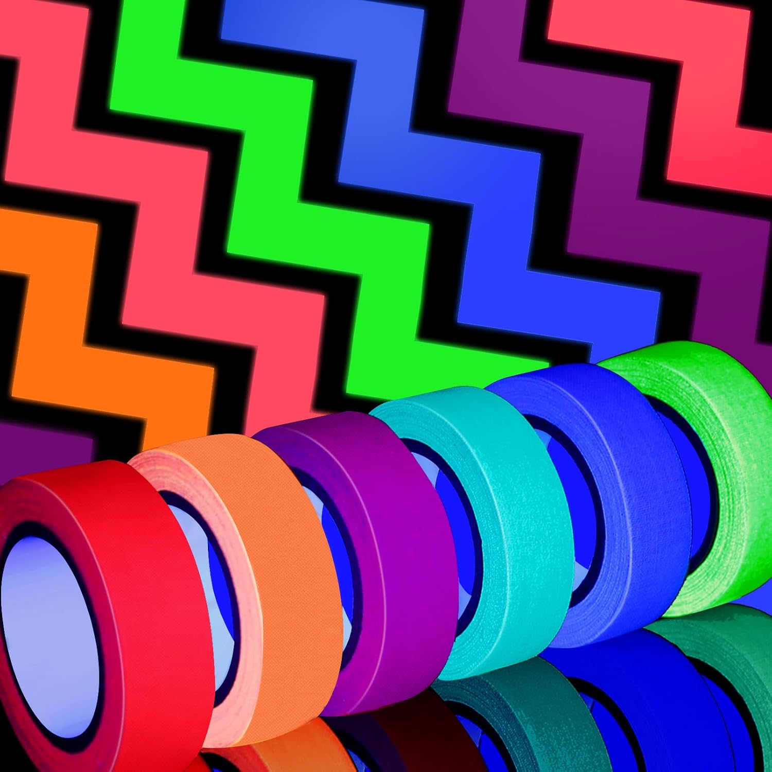 6 rollos de cinta de tela Gaffer de neón, 6 colores de cinta reactiva con luz negra UV, fluorescente UV que brilla en la oscuridad, cinta adhesiva