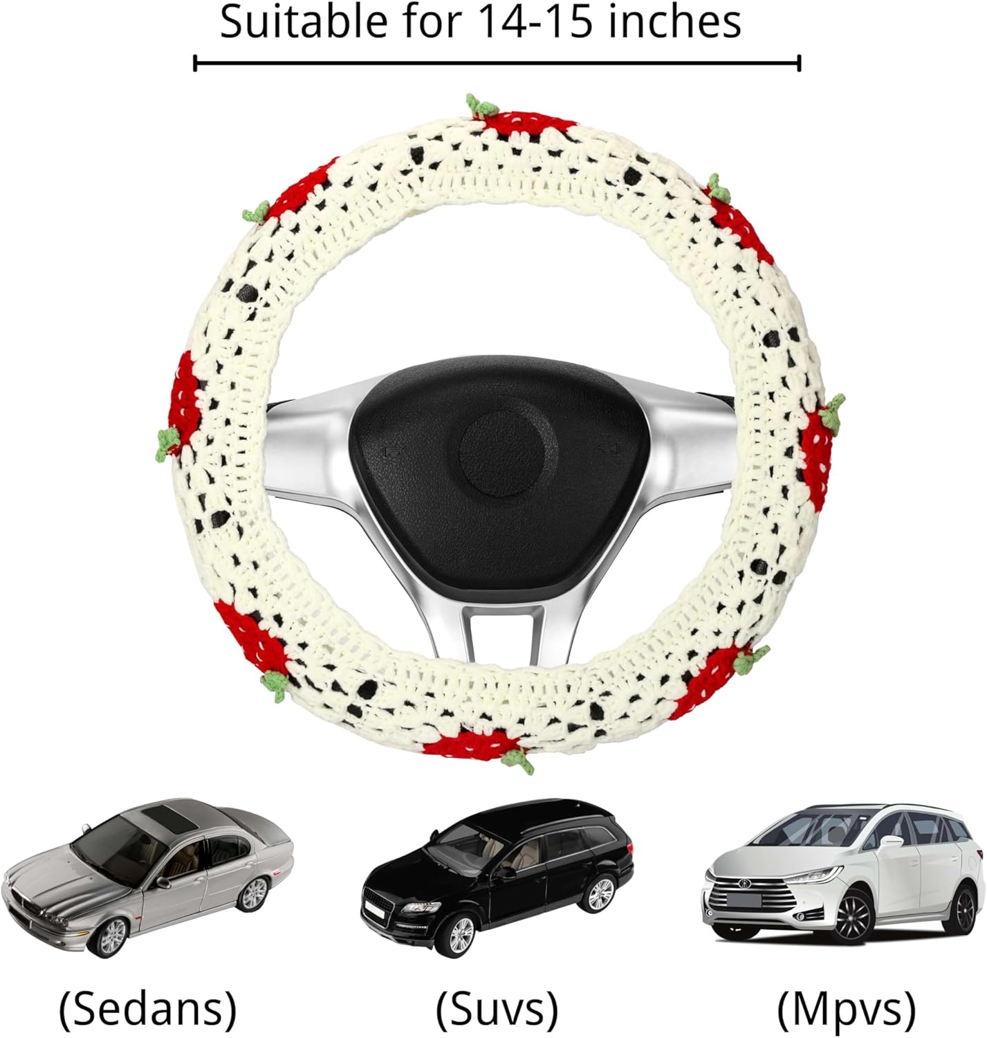 Juego de fundas de ganchillo para volante de automóvil, diseño bohemio de 14 a 15 pulgadas, diseño cuadrado de fresa blanca, accesorios de automóvil