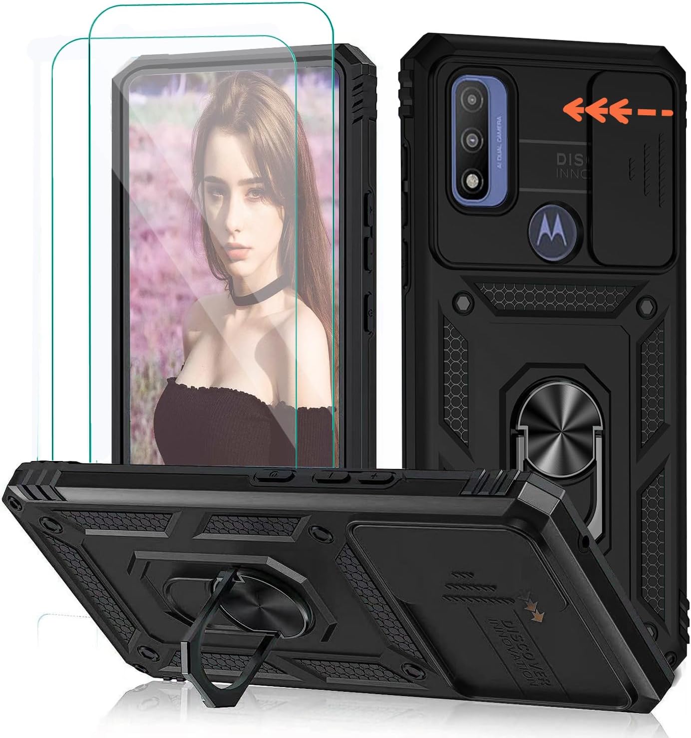 Funda para Motorola G Power 0.18 oz 2022, Moto G Play 2023G Pure 2021 con protector de pantalla 2 piezas, soporte de anillo magnético integrado y