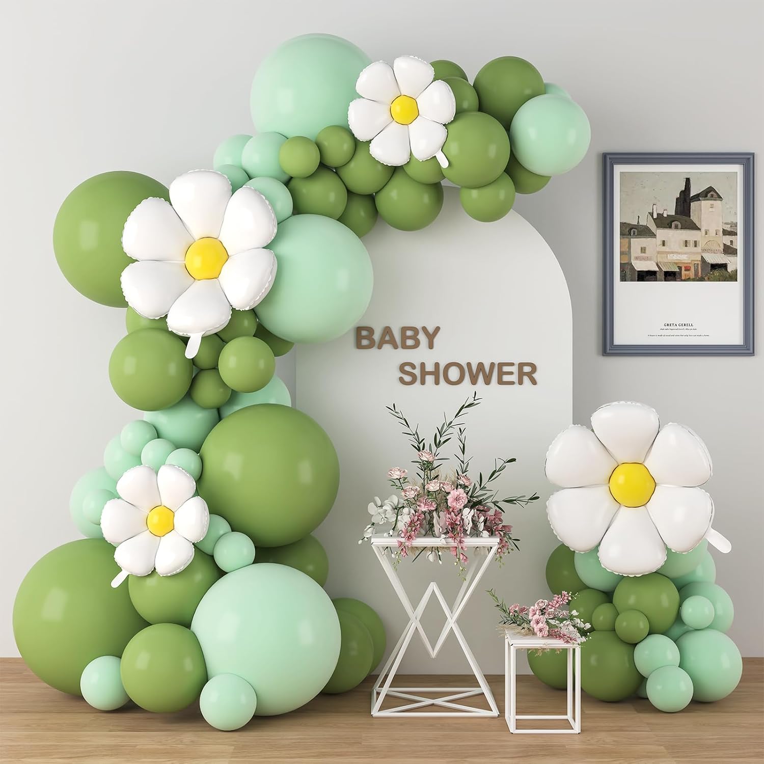 Kit de guirnalda de arco de globos de margaritas de flores, globos verde salvia pastel macarrón, arco de globos de dinosaurio hawaiano tropical para