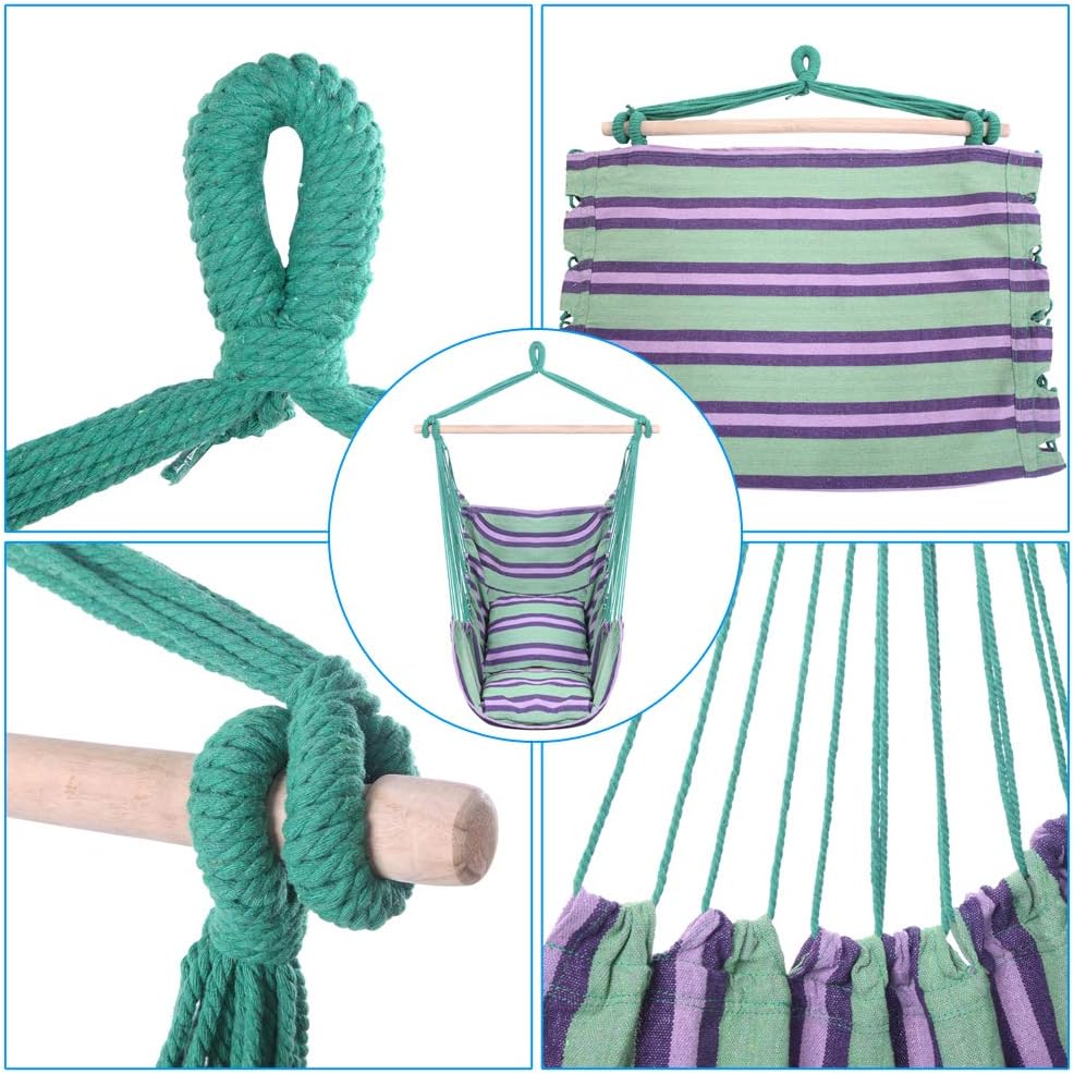 Hamaca colgante de cuerda para patio, dormitorio, patio, porche, cualquier espacio interior o exterior, rayas de lona, dos almohadas incluidas