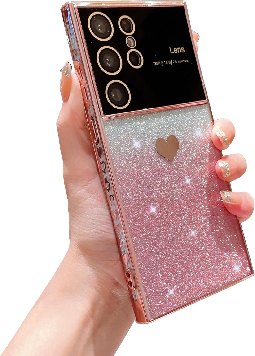 phylla Funda protectora suave a prueba de golpes para Samsung Galaxy S22 Ultra 0.18 oz con corazón degradado con purpurina y patrón lateral,