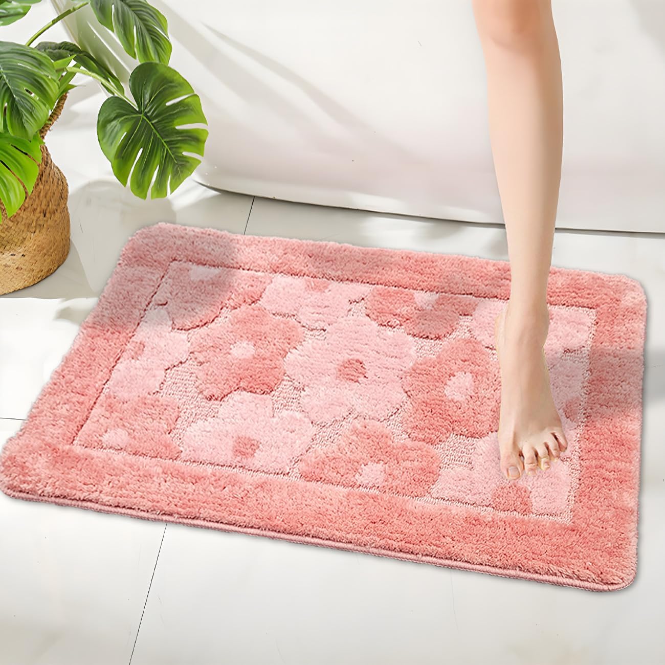 Tapete de baño con diseño de flores rosas, bonito tapete de baño de microfibra ultrasuave, antideslizante, súper absorbente de agua, de secado