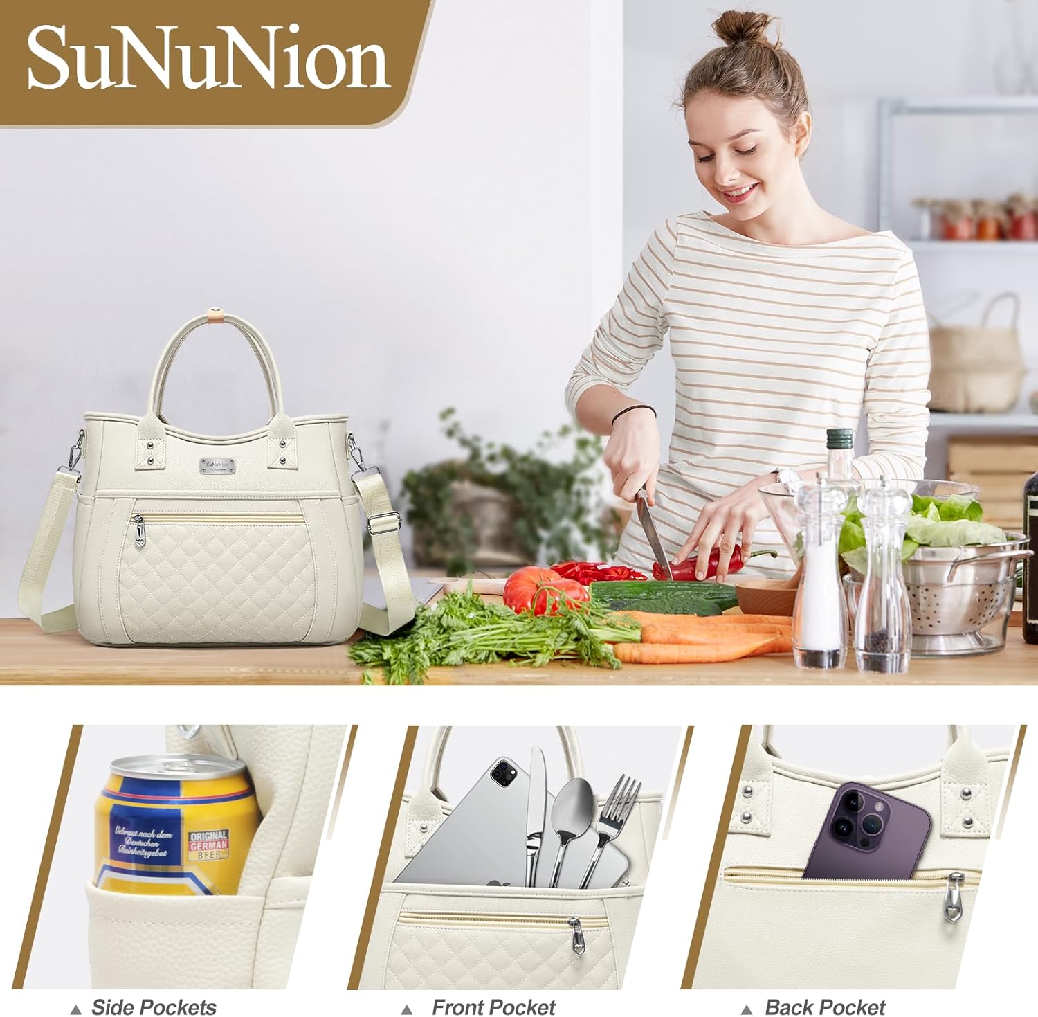 Bolsa de almuerzo para mujer, aislada, a prueba de humedad, de piel sintética, grande, a prueba de fugas, congelable, reutilizable, portátil, para