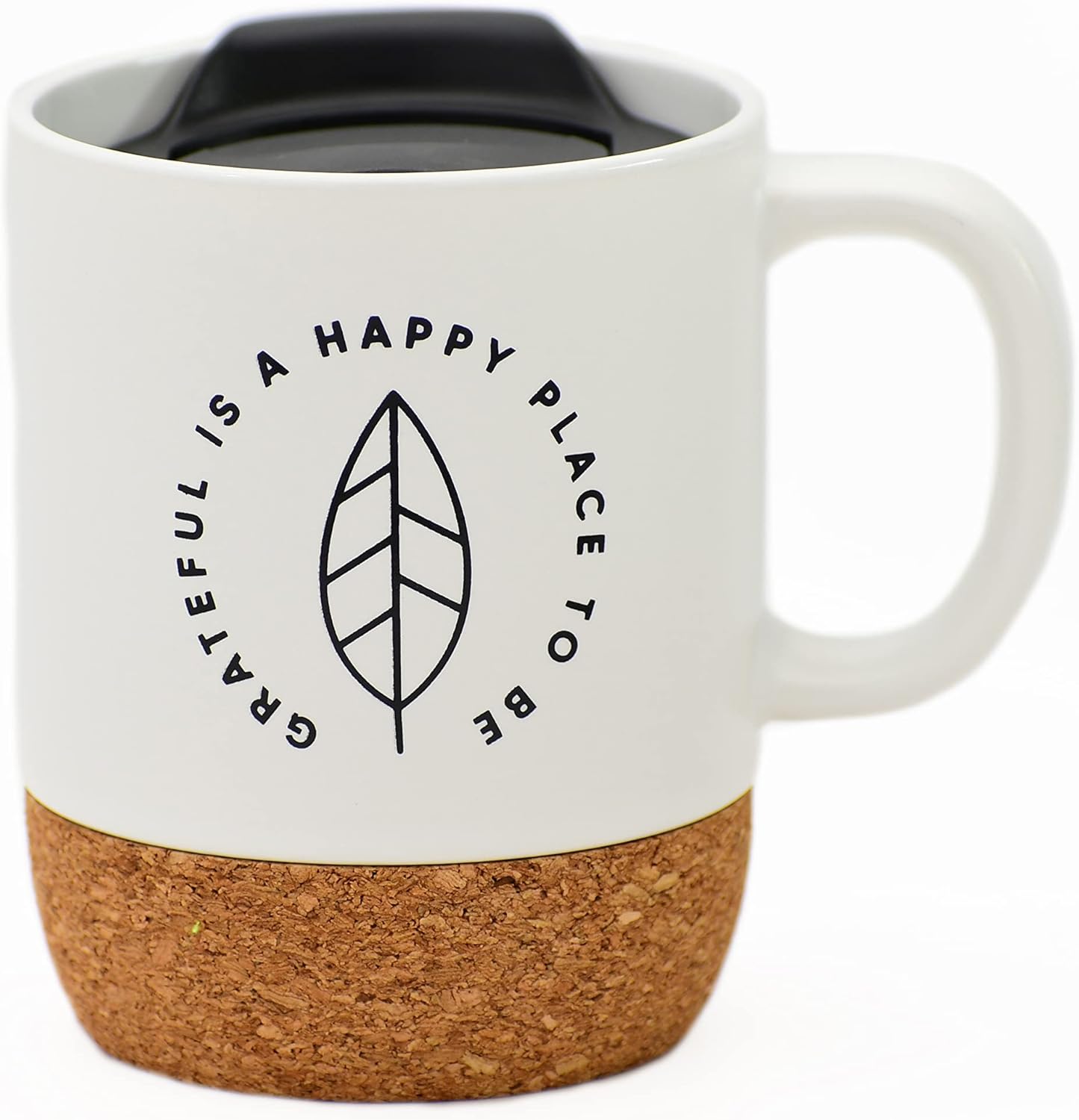 Taza de café de diseño de cerámica  Grateful is a happy place to be  Capacidad para 14 onzas  Parte inferior de corcho con tapa  Ideal para café,
