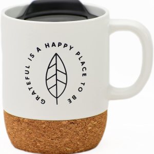 Taza de café de diseño de cerámica Grateful is a happy place to be Capacidad para 14 onzas Parte inferior de corcho con tapa Ideal para café, Taza de café de diseño de cerámica Grateful is a happy place to be Capacidad para 14 onzas Parte inferior de corcho con tapa Ideal para café,