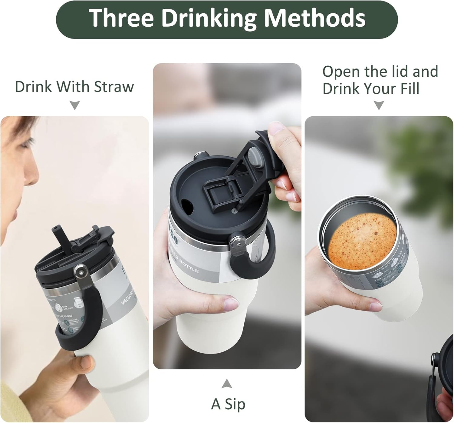INDARUN Vaso de 30 oz con asa y popote, botella de agua de acero inoxidable con aislamiento de doble pared, taza para café, viaje frío hasta 24 horas