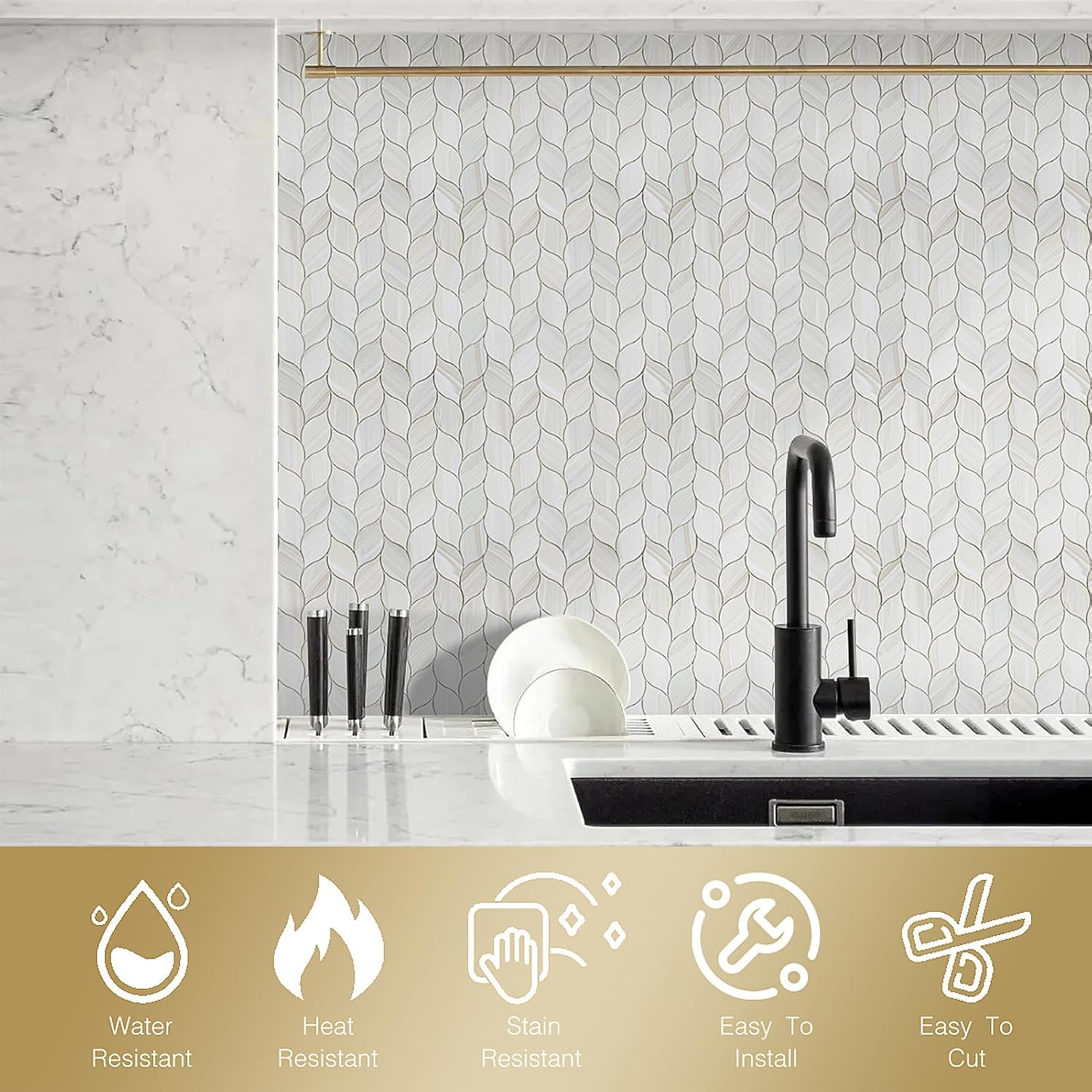 Azulejo autoadhesivo de 10 hojas para cocina, mosaico autoadhesivo en forma de hoja de PVC, azulejos de pared de metal mixto con huecos (hoja beige)