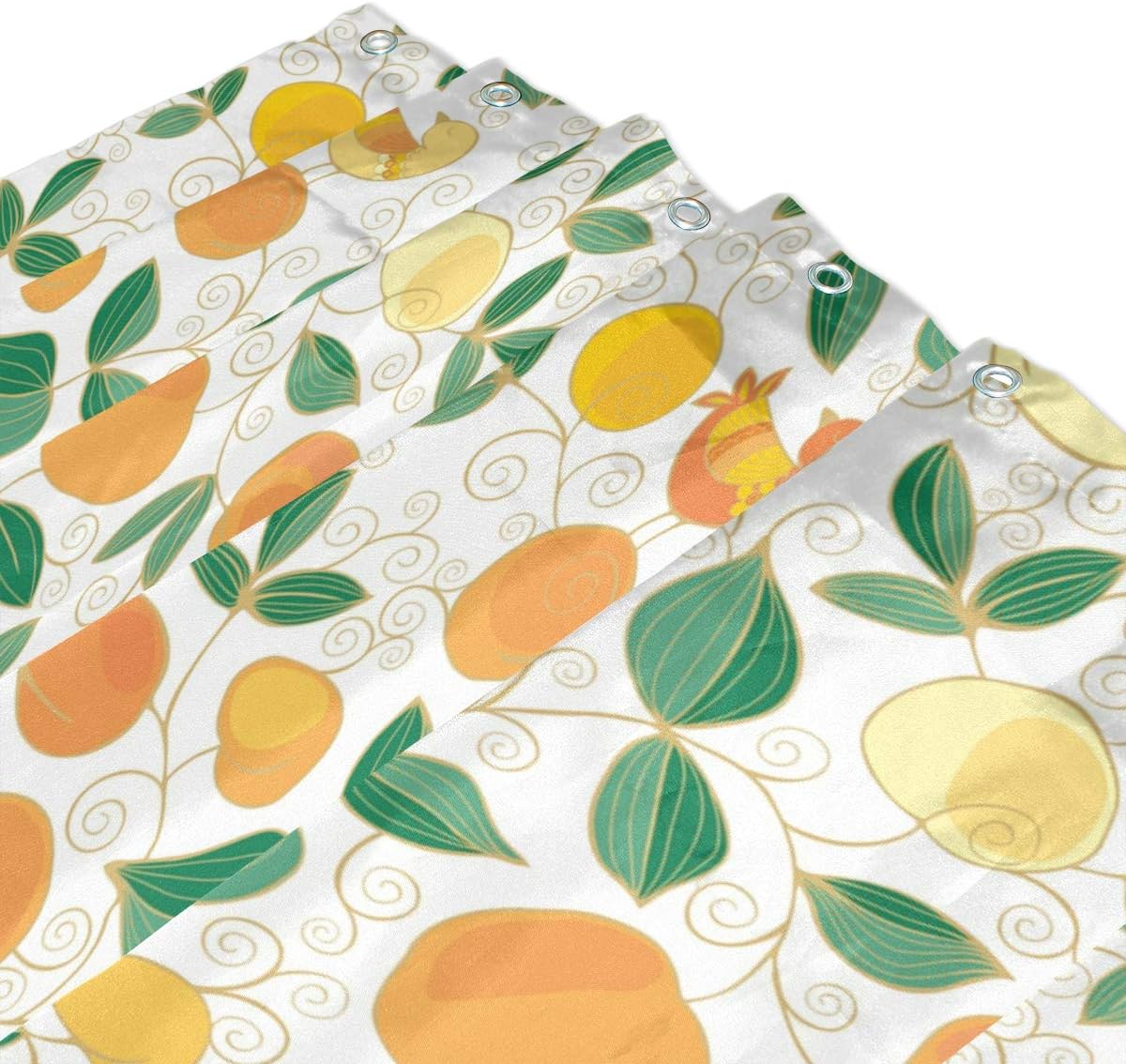 Cortina de ducha de melocotón amarillo melocotón fruta con hojas verdes y amarillo patrón decorativo de pájaro para decoración de baño cortinas de