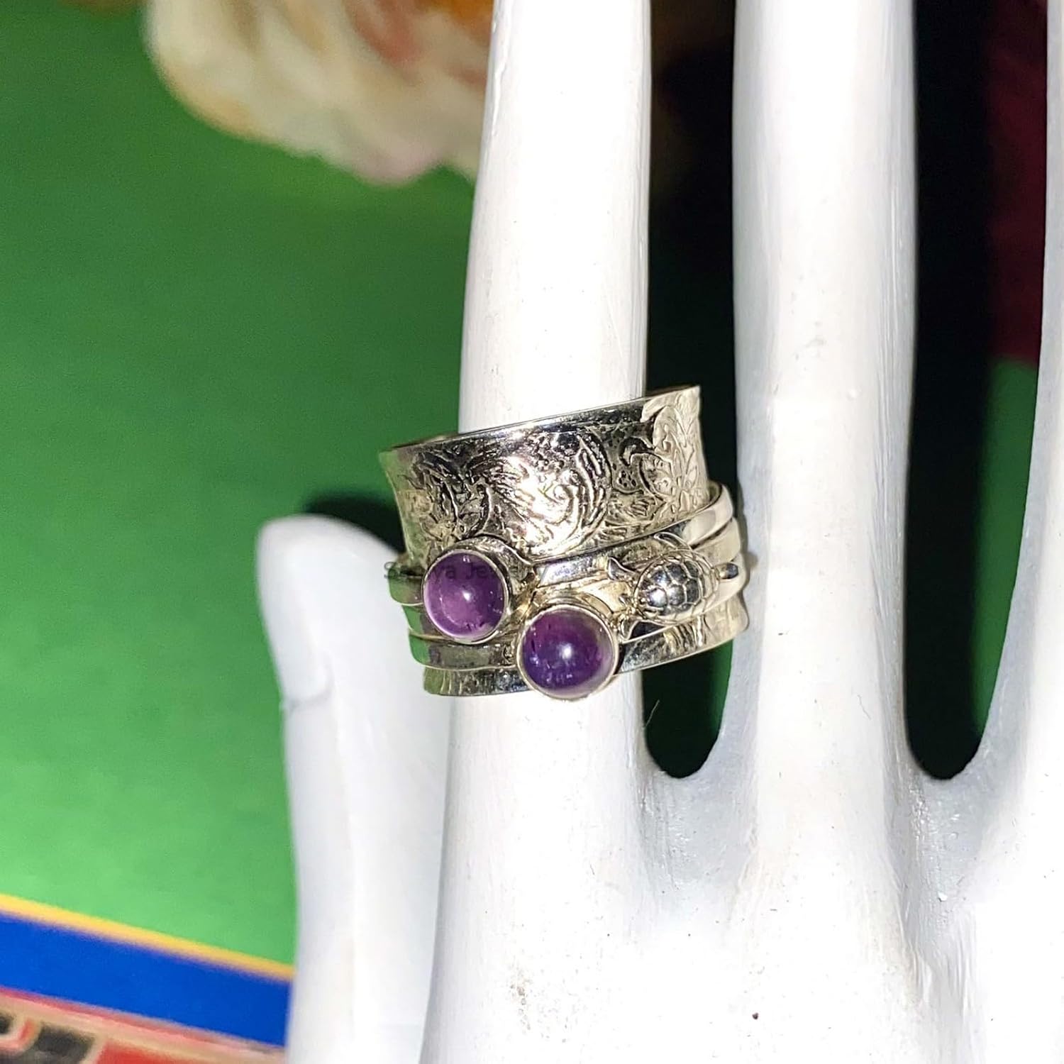 Purple Amethyst Double Round Gemstone Turtle Unique Design Spinner Ring, Solid 925 Sterling Silver Thumb Ring Wide Band Ring, Handmade Beautiful