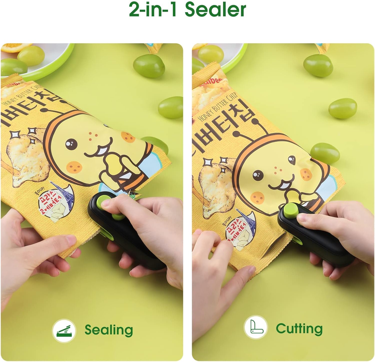 Sellador de bolsas Mini, sellador térmico de bolsas 2 en 1 recargable con cortador para chips, aperitivos, resellador de bolsas de plástico,
