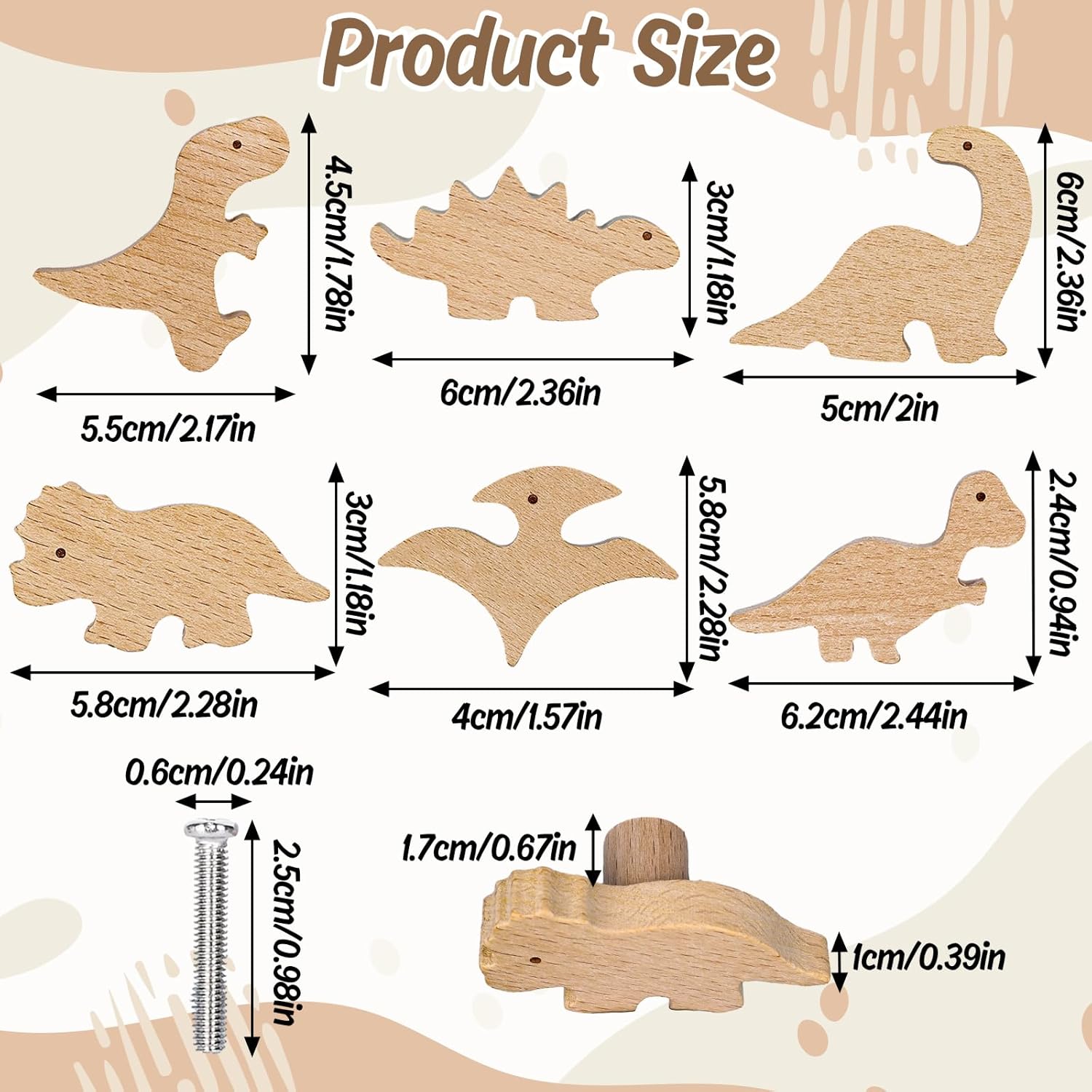 Whaline 6 pomos de madera de dinosaurio con tornillos decorativos con temática de dinosaurio, pomos de muebles de animales de madera natural para