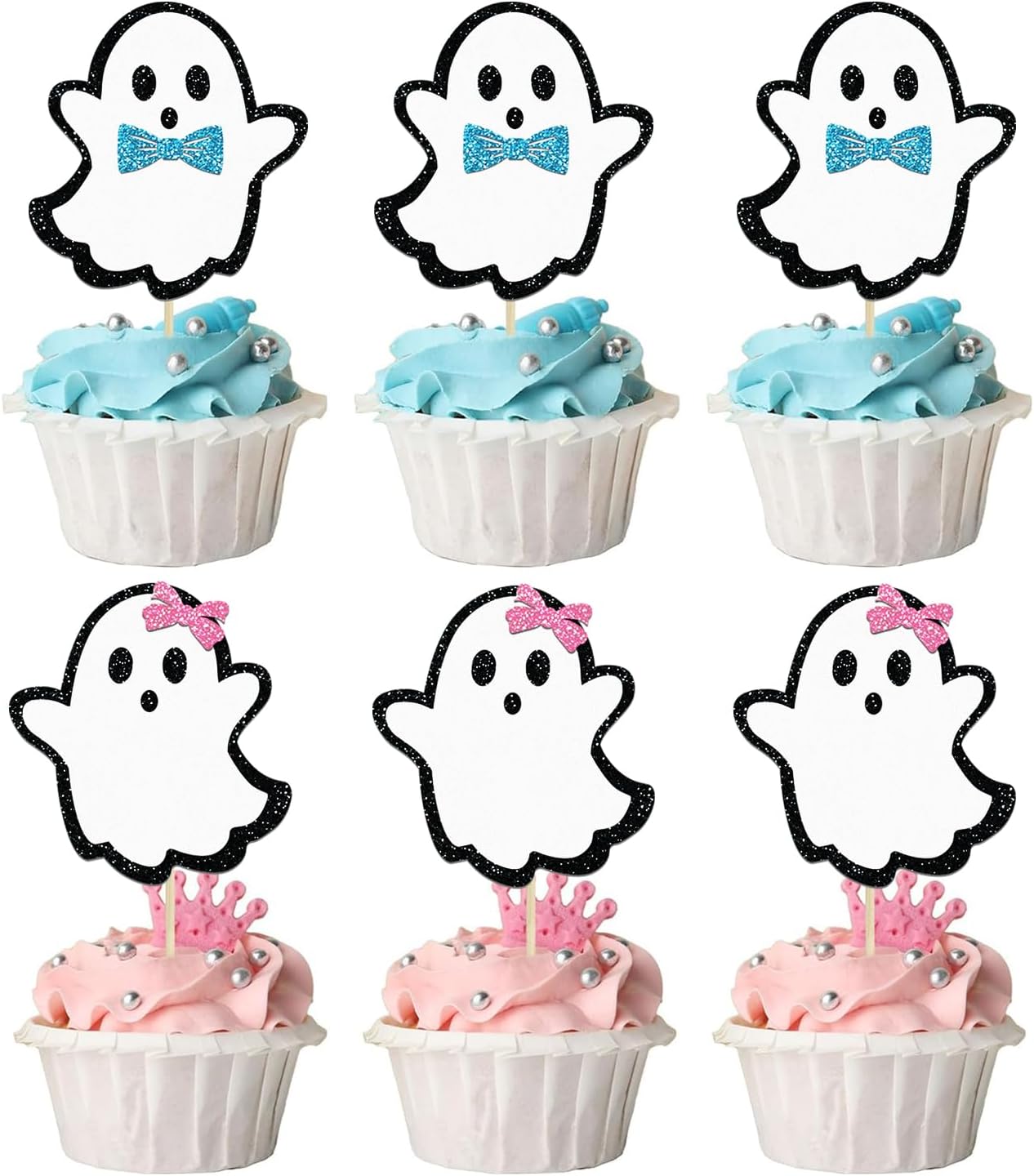 24 piezas de adornos de Halloween para cupcakes fantasmas, palillos de revelación de género para niños y niñas, decoración de pastel de Halloween