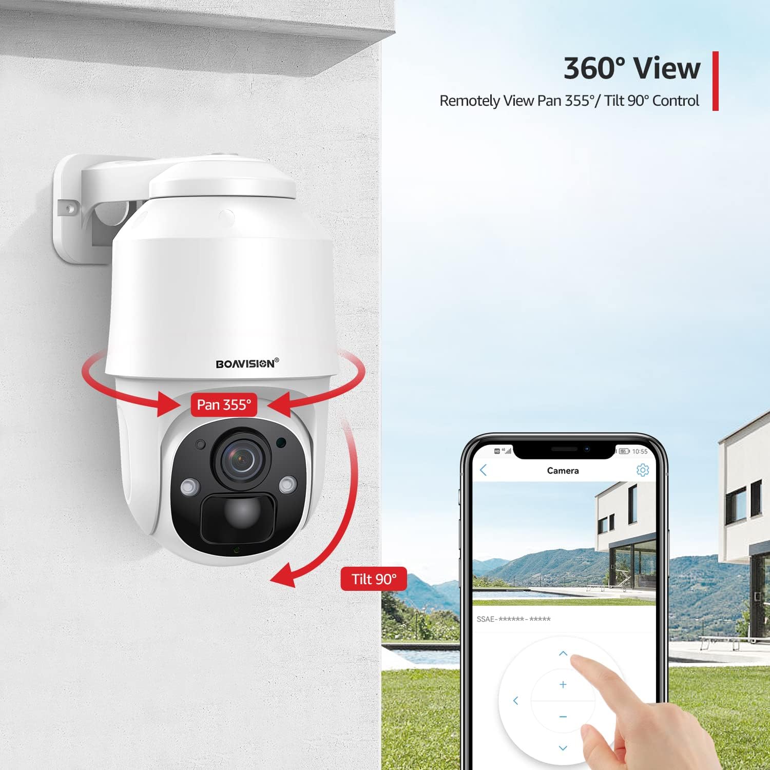 BOAVISION Cámara de seguridad alimentada por batería para exteriores, inclinación panorámica, visión de 355, IP66, impermeable, recargable,