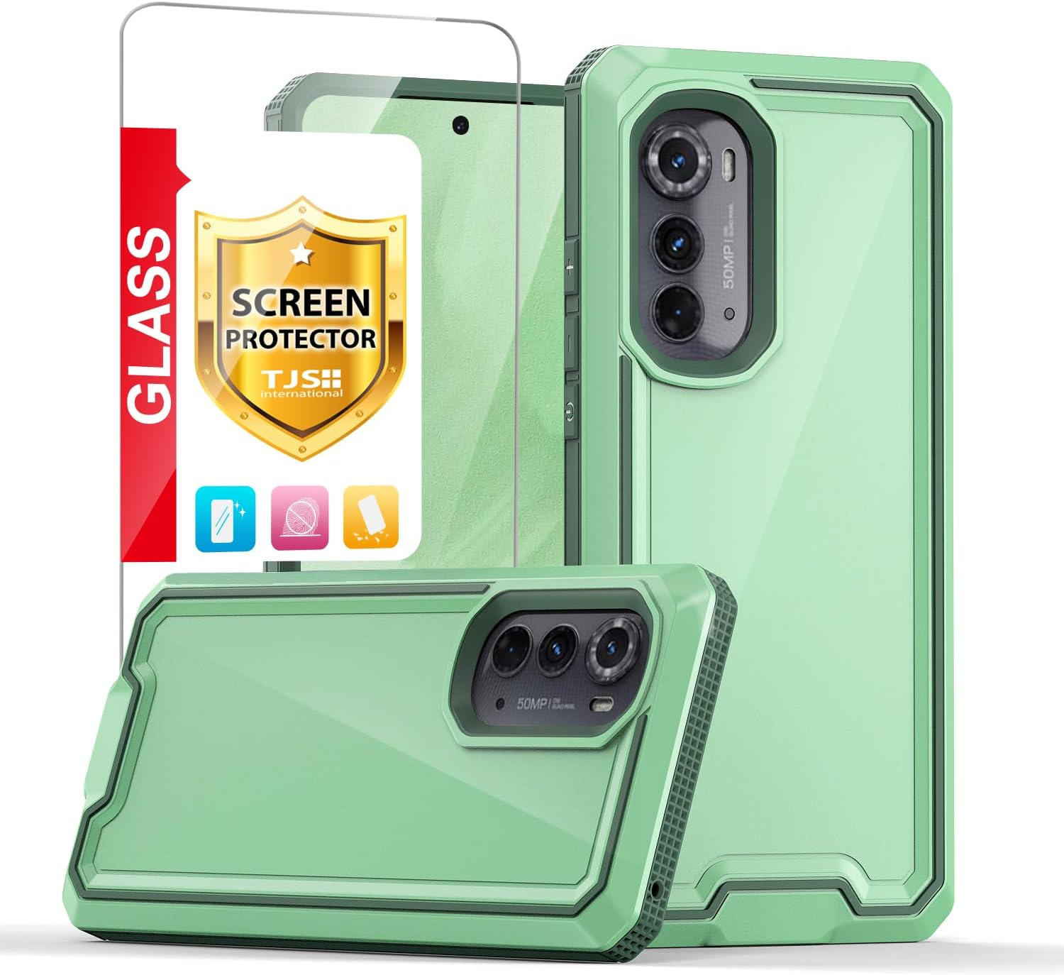 TJS Funda compatible con Motorola Moto Edge 2022, con protector de pantalla de vidrio templado doble capa a prueba de golpes, resistente, híbrida