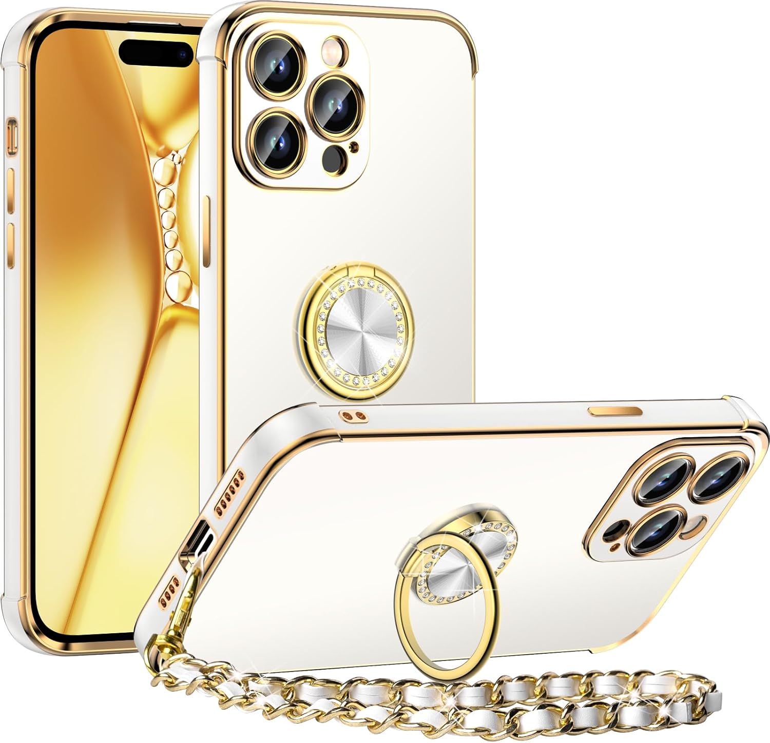 Miss Arts Funda diseñada para iPhone 15 Pro Max, soporte de anillo de lujo galvanizado con correa, bonito TPU suave diseñado para iPhone 15 Pro Max
