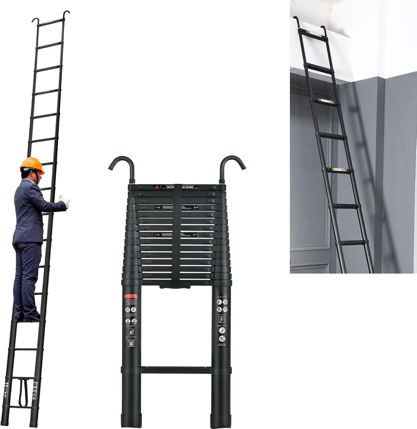 Escalera telescópica de 16.5 pies, escalera telescópica de aluminio con 2 ganchos de capacidad máxima de 330 libras, con pies antideslizantes,