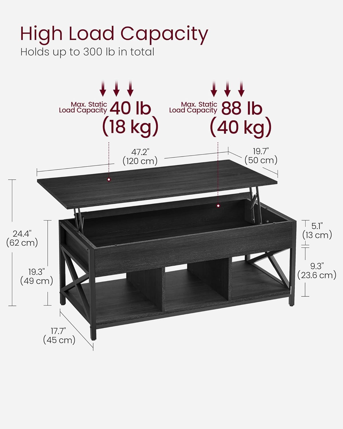 VASAGLE ULCT212B22 – Mesa auxiliar elevable con estante de almacenamiento, compartimentos ocultos y parte superior elevable, para sala de estar,