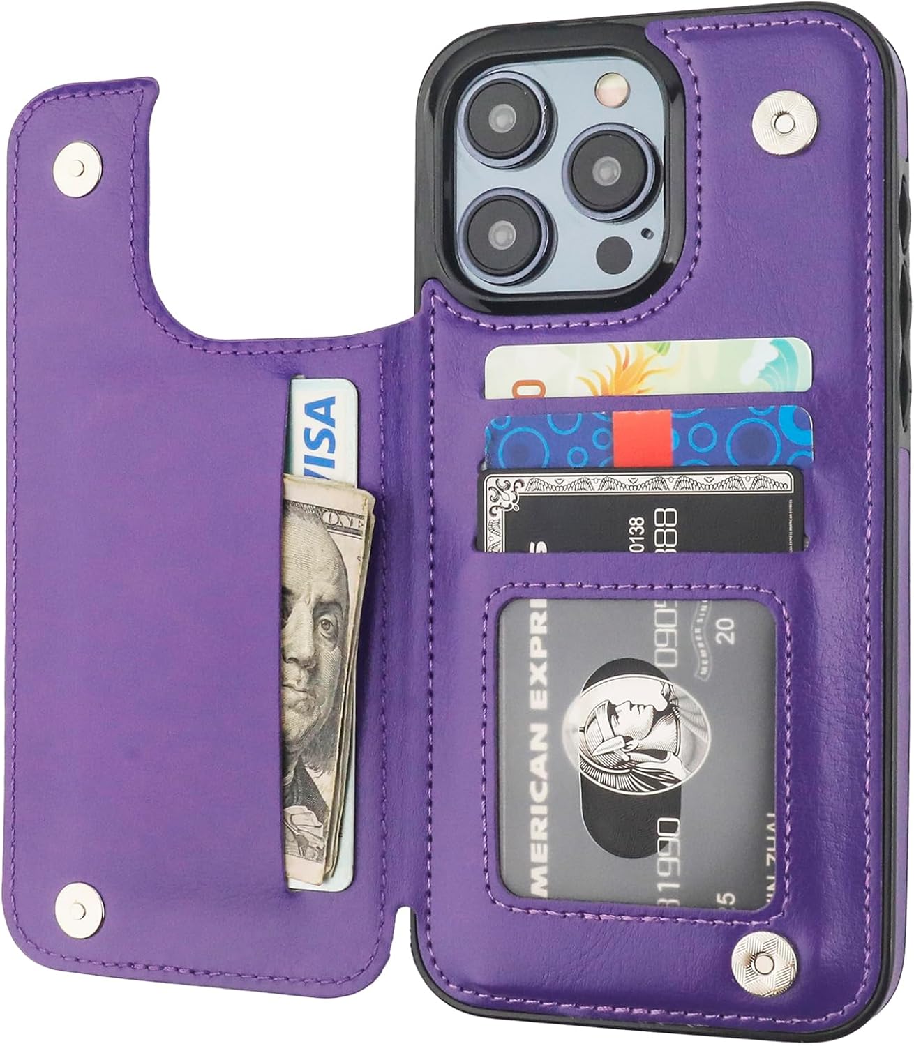 Funda tipo cartera compatible con iPhone 15 Pro Max con soporte para tarjetas, funda de piel sintética con ranuras para tarjetas, doble cierre