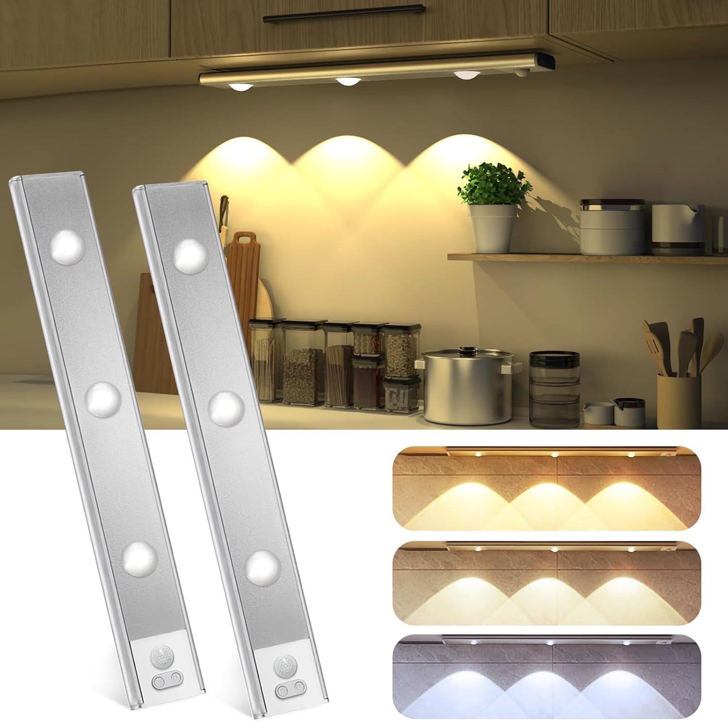 Luz LED para debajo del gabinete, 3 colores, sensor de movimiento, luz de armario, paquete de 2 luces regulables, funciona con pilas, luces para