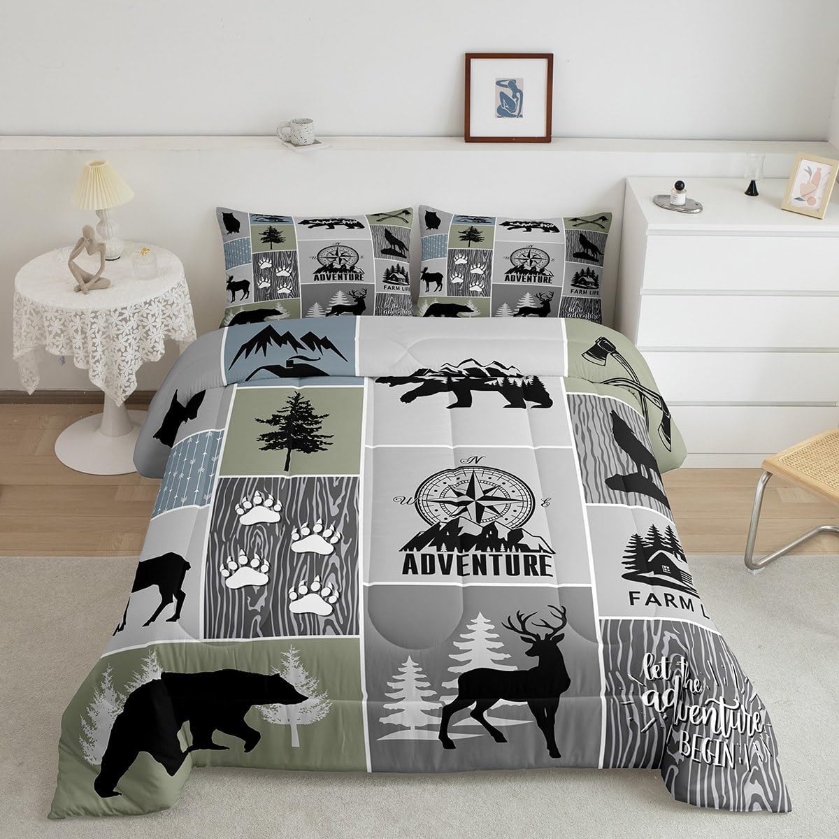 Juego de edredón rústico de cabaña para niños, tamaño individual, juego de ropa de cama de caza de ciervos y oso para decoración de habitación de