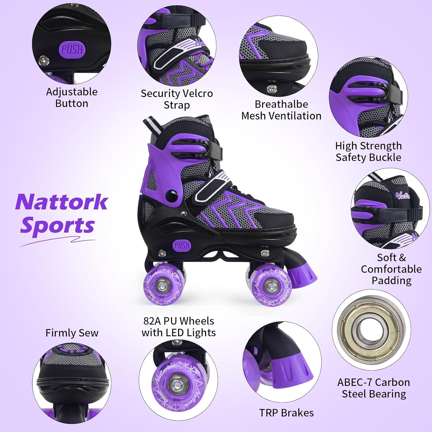 Nattork Patines de ruedas para niños y niñas, patines ajustables de 4 tamaños con ruedas iluminadas para adolescentes, principiantes, deportes al