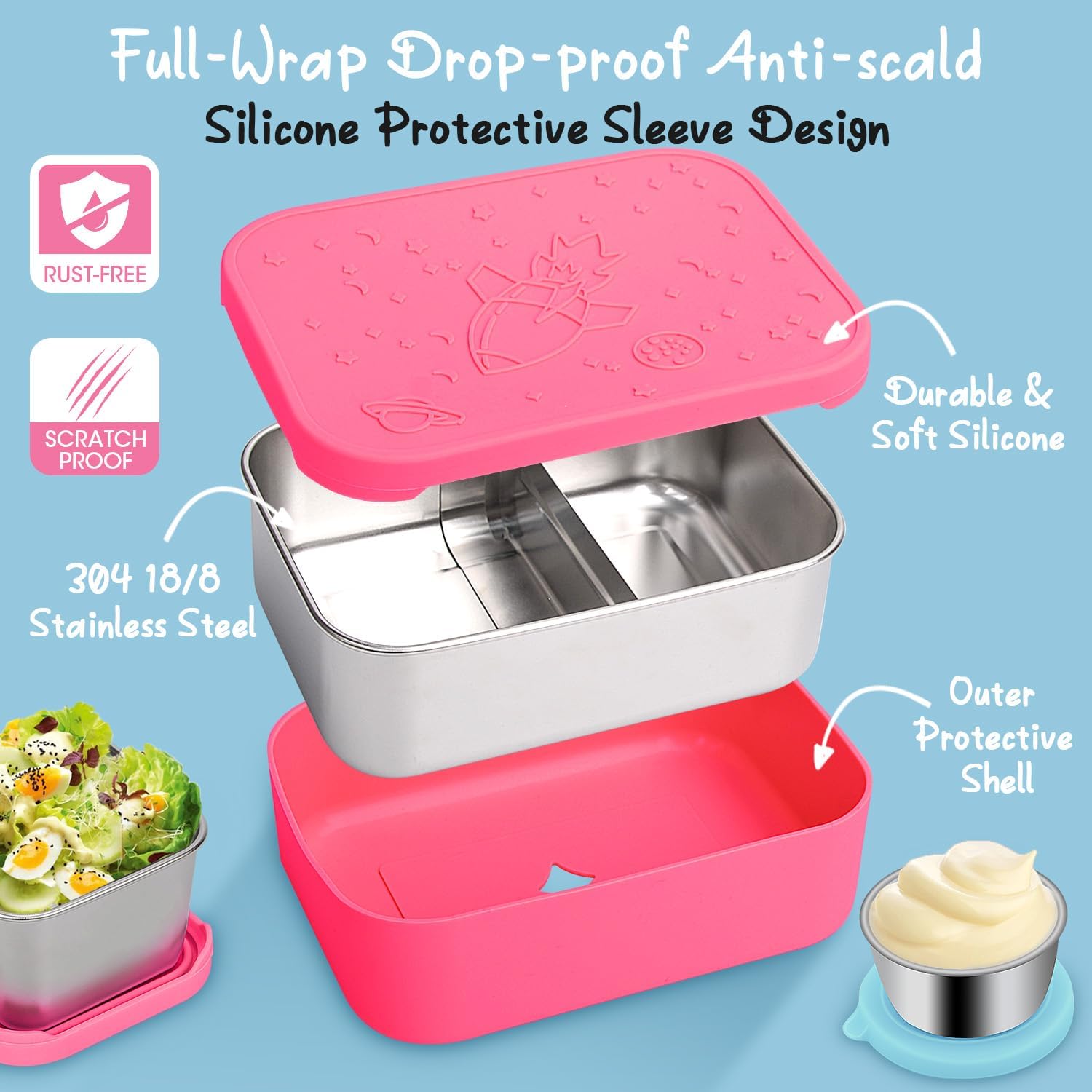 Juego de 3 cajas de almuerzo Bento de acero inoxidable, a prueba de fugas, cajas de almacenamiento de alimentos de metal dividido de 28.7 onzas con
