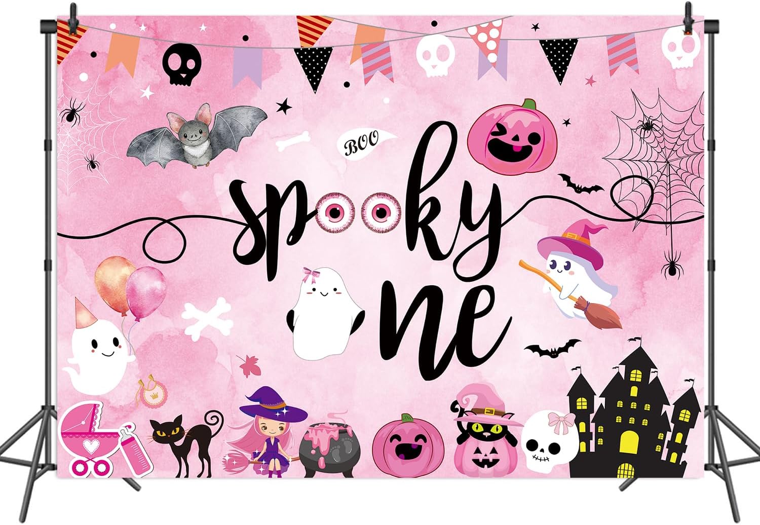 Telón de fondo espeluznante de Halloween para fiesta de primer cumpleaños, rosa, Halloween, calabaza, murciélago, fantasma, cráneo, acuarela, fondo