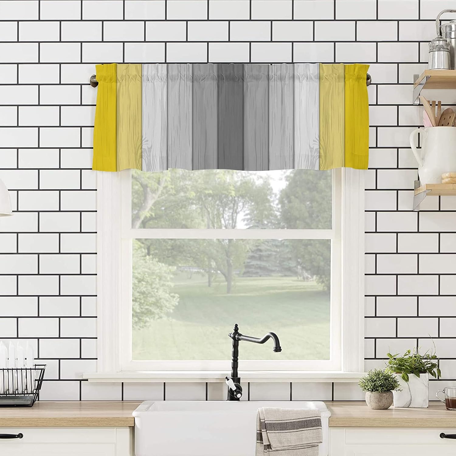 Cortina de cenefa para ventana, retro, rayas amarillas y grises, cenefa de ventana con bolsillo para barra, cenefa de ventana para cocina, sala de